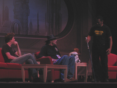 Matthew Wood and Peter Mayhew join Jay LaGaia on stage for Star Wars Weekends